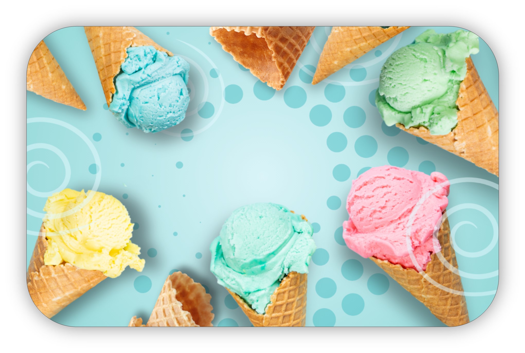 Brightly colored ice cream cones placed around a light blue background with swirled designs.