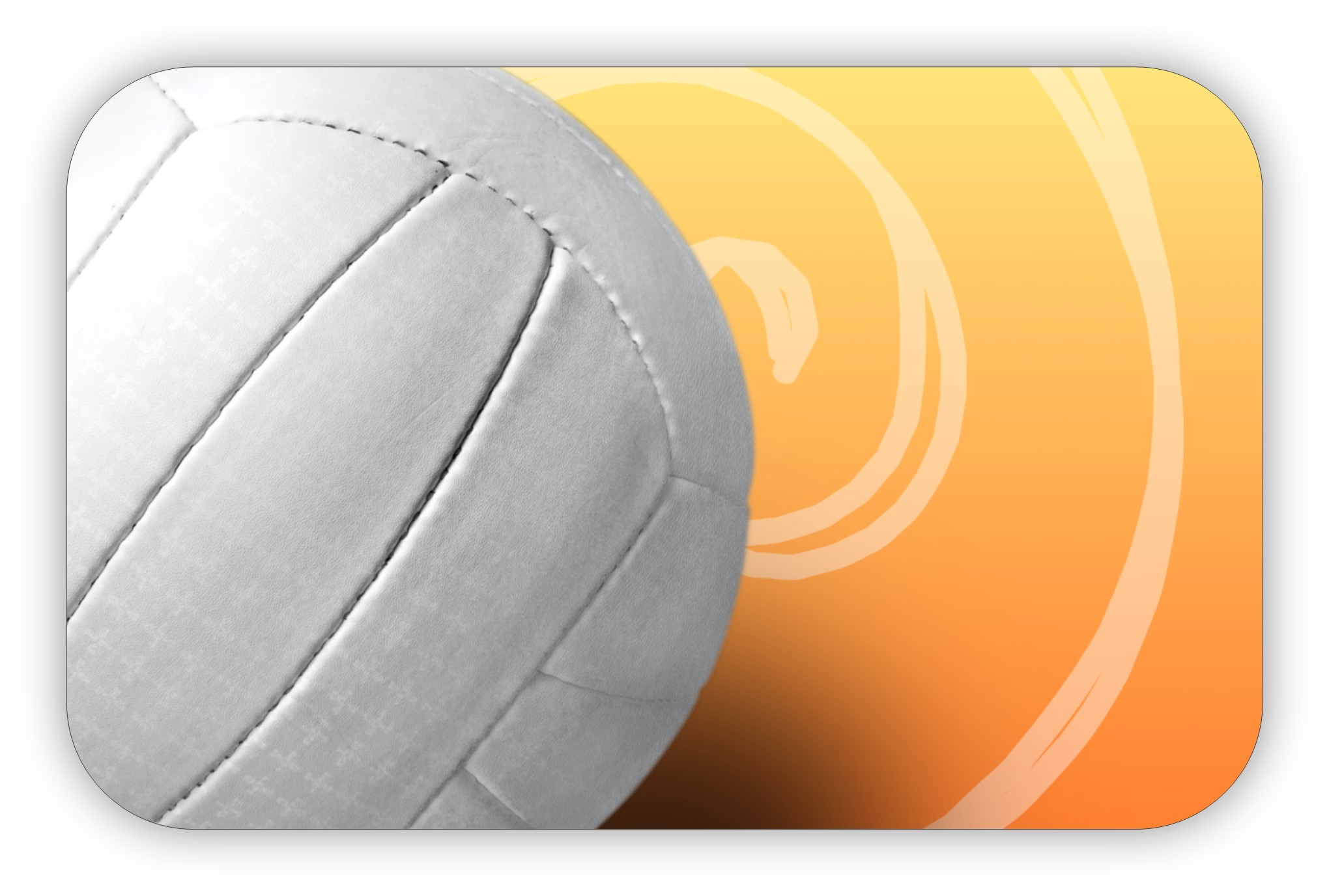 A volleyball on a yellow to orange gradient background with light colored swirl design. 