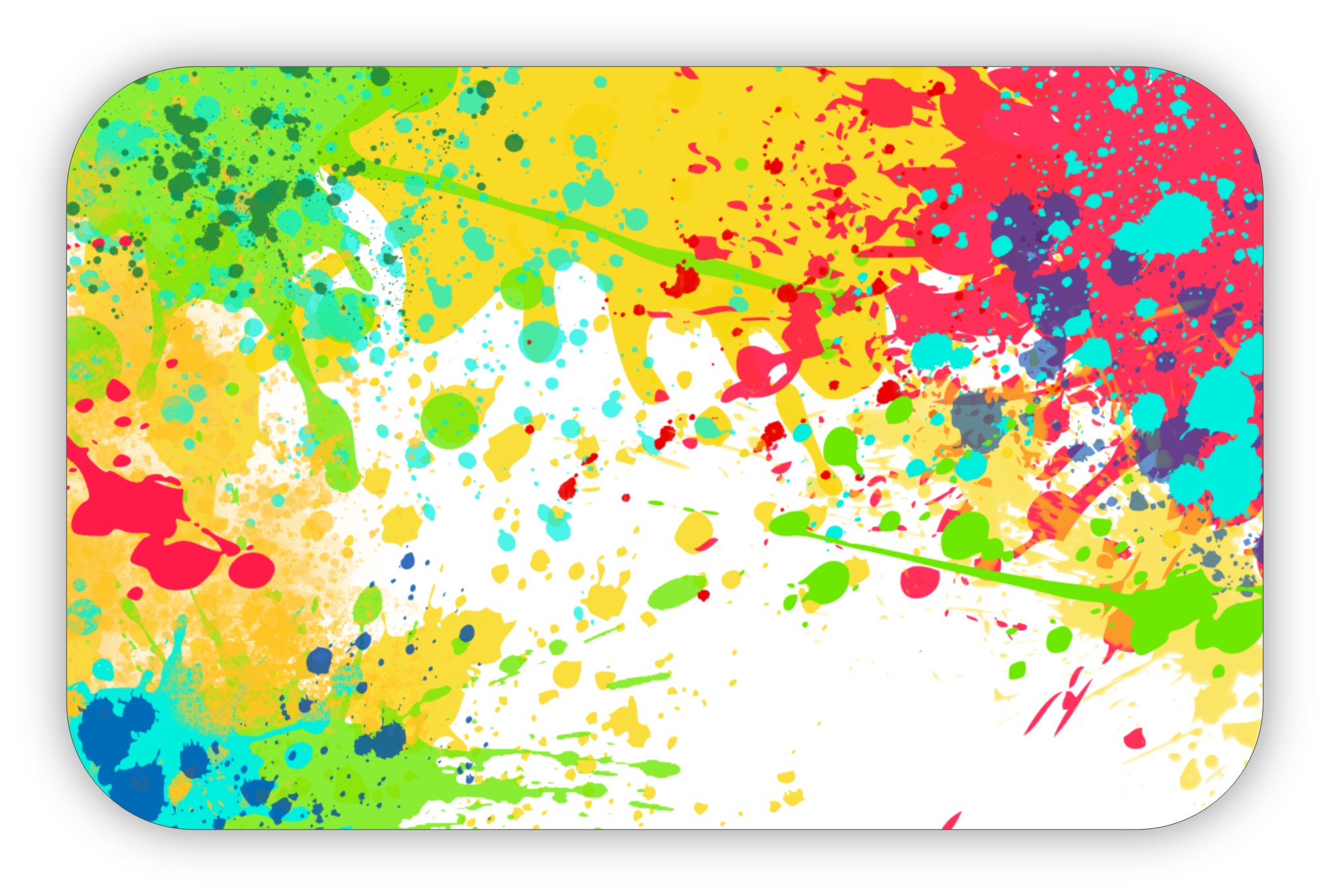 Red, yellow, blue, and green overlapping splatters of paint.