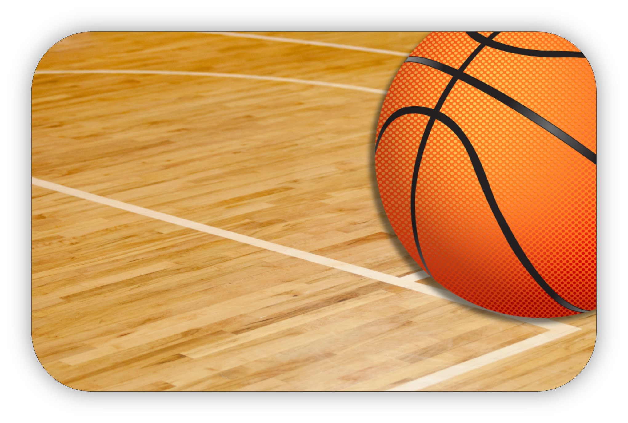 Image of a basketball in the upper right corner on top of a basketball court background.